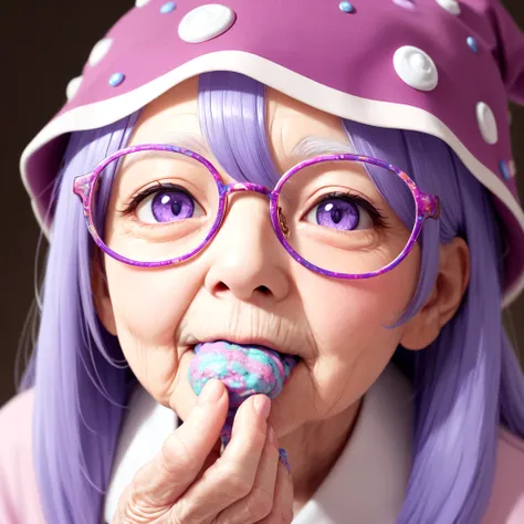 (nerunerunerune:1.2), long hair, marco shot of 90 years old woman with nasolabial folds, Stir purple cream sprinkle candy, Glasses, magical hat