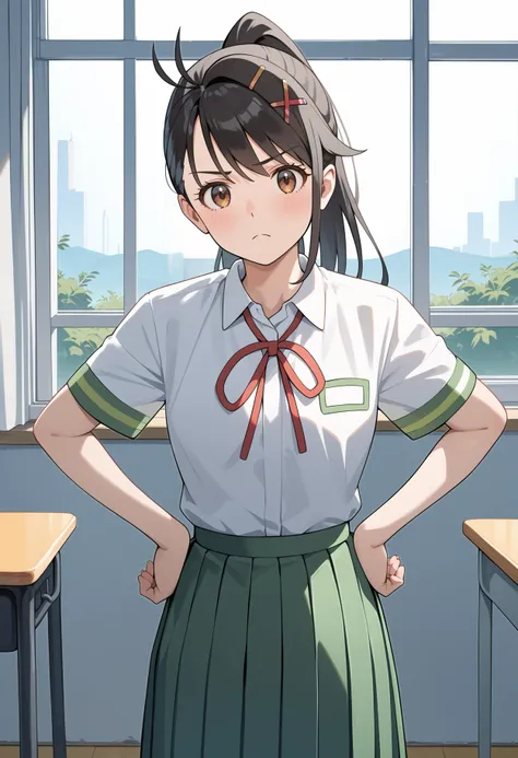 score_9, score_8_up, score_7_up, score_6_up, score_5_up, score_4_up, source_anime, aasuzume, long hair, black hair, antenna hair, ponytail, hairclip, x hair ornament, brown eyes, school uniform, neck ribbon, collared shirt, white shirt, shirt tucked in, sh...