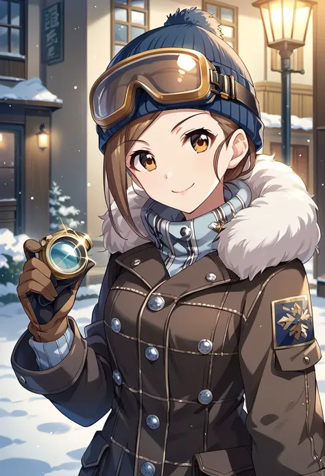 score_9, score_8_up, score_7_up, source_anime,hyoudou rena, brown hair, brown eyes, 1girl, goggles, solo, gloves, smile, looking at viewer, goggles on head, hat, holding, winter clothes, coat