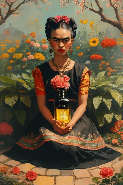 masterpiece,best quality,<lora:tbh378-:0.8>,illustration,style of Frida Kahlo A bottle of perfume in garden