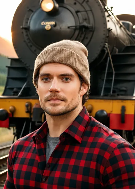 A raw editorial photograph of Henry Cavill  <lora:HenriCavilSDXL:1> , wearing a beanie, lumberjack red plaid shirt, a train in the background, beautifull warm light,  golden hour, highly detailled face, canon, 8K, alaska landscape