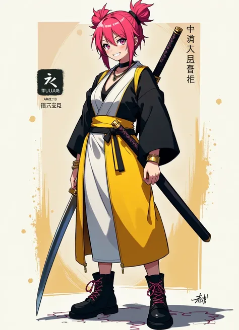 fca_style, anime, rough concept art with hand-drawn sketch lines and shadow, female punk-rock techwear samurai with short pink hair in a spiky bun, wearing kimono which is black on the top and yellow on the bottom, with white under-layer, yellow sash, grin...