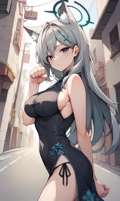 score_9, score_8_up, score_7_up, BREAK source_anime, 1girl, solo, outdoors, street, cowboy shot, standing, looking at viewer, shiroko, blue eyes, grey hair, long hair, wolf ears, halo, cross hair ornament, china dress, black dress, sleeveless, from side, d...