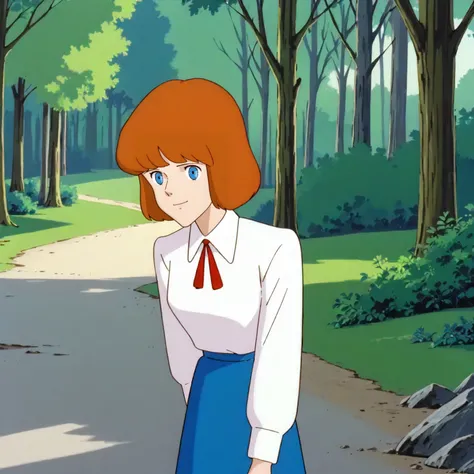 <lora:TCoC_ClarisseXLpony002>,
outdoors,nature,
solo,
looking at viewer,smile,
Clarisse,1girl,orange hair,bob_cut,blue eyes,
standing,
collared_shirt,red ribbon tie,white shirt,long_sleeves,
blue skirt,