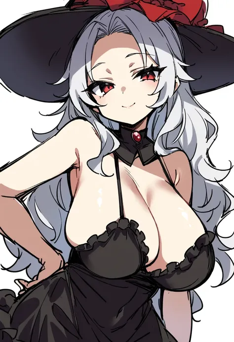 1girl, solo, aged down, sketch,
long hair, wavy hair, silver hair, red eyes, huge breasts, gothic, hat, black dress, frills, frilled dress, seductive smile, sideboob,
white background,
masterpiece, best quality, safe,