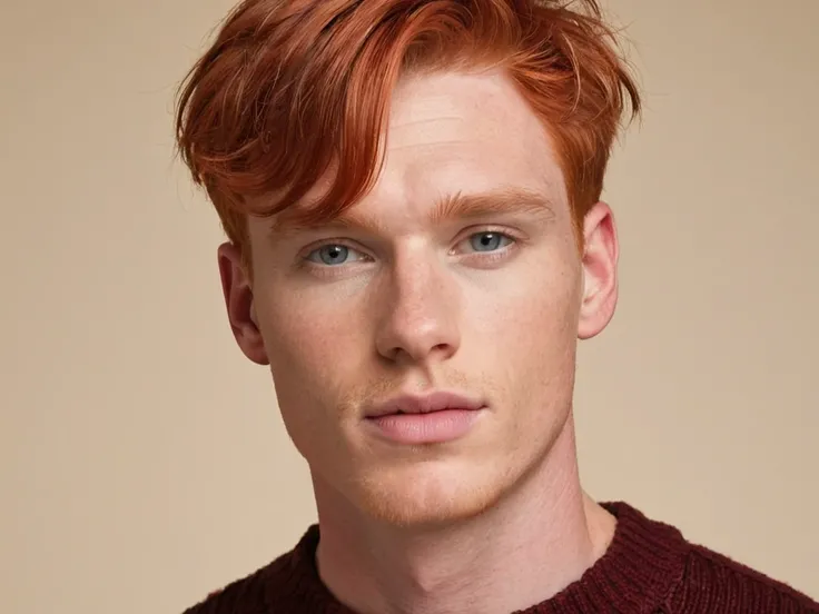 A headshot photo of a male model with short red hair, wearing a maroon sweater. A neutral beige background.