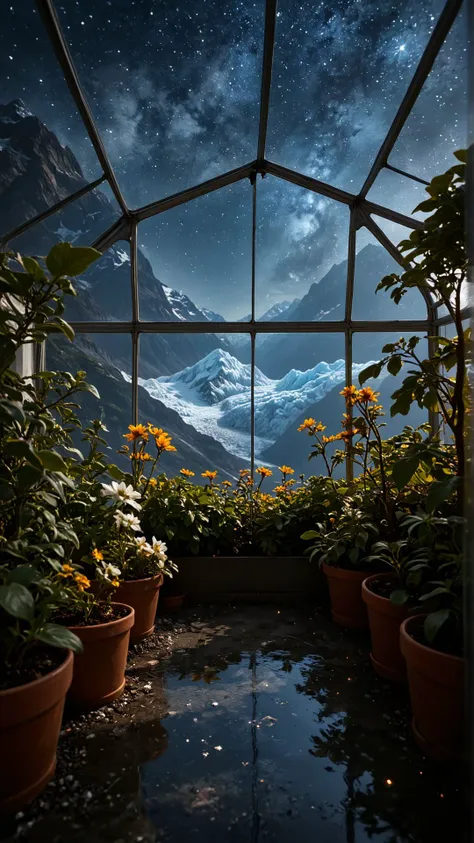 photograph, landscape of a [las vegas:aletsch glacier:4], from inside a greenhouse, stars in the sky, cgi art, photo, <lora:midj...