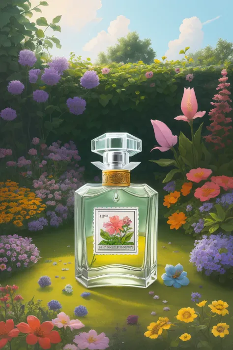 masterpiece,best quality,<lora:tbh385-:0.8>,illustration,style of stamps A bottle of perfume in garden