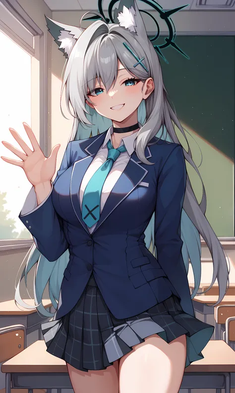 score_9, score_8_up, score_7_up, BREAK source_anime, 1girl, solo, indoors, classroom, cowboy shot, standing, looking at viewer, shiroko, blue eyes, grey hair, long hair, wolf ears, halo, cross hair ornament, choker, blue blazer, long sleeves, blue necktie,...