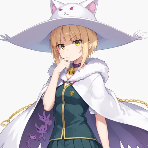 score_9, score_8_up, score_7_up, source_anime, simple background,
1girl, kuraishi tanpopo, blonde hair, short hair, yellow eyes, school uniform, neck bell, witch hat, cloak, 
<lora:kuraishi_tanpopo_pony_v1:0.7>