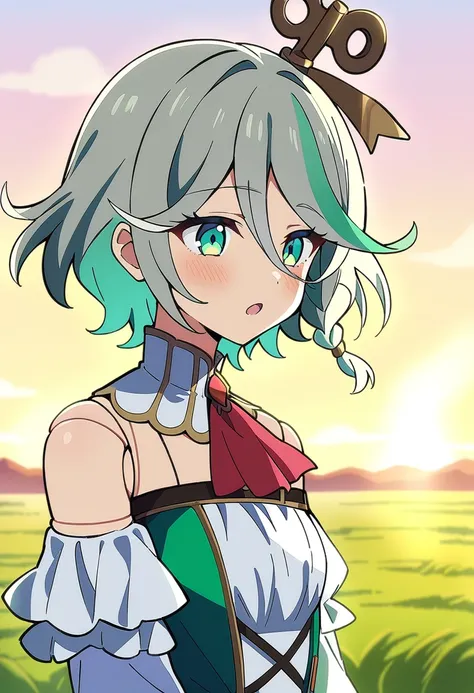 1girl, solo, cecilia immergreen, anime coloring, 
short hair, silver hair, multicolored hair, winding key, green eyes, doll joints, open mouth, blush, dress,
field, upper body, sunrise, wind,
masterpiece, best quality, amazing quality, very aesthetic,