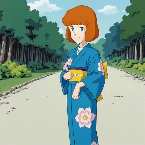 <lora:TCoC_ClarisseXLpony002>,
outdoors,nature,
solo,
looking at viewer,smile,
Clarisse,1girl,orange hair,bob_cut,blue eyes,
standing,
print_kimono,