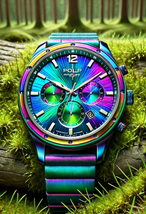 pamflpflp wrist watch,on moss, forest background, full depth of field and realistic textures,highly detailed,masterpiece,high quality, 8K Ultra HD,