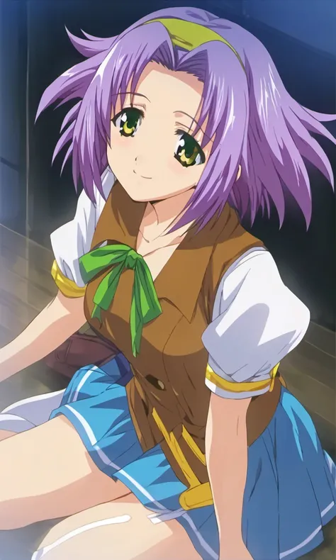 yukino ozawa, purple hair, hair intakes, short hair, yellow headband, lime coloured eyes, skirt, shirt, ribbon, school uniform, short sleeves, pleated skirt, serafuku, puffy sleeves, vest, puffy short sleeves, blue skirt, neck ribbon, green ribbon, white s...