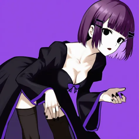 a cartoon of the woman has purple hair, and is dressed in a dress, 1girl, breasts, solo, cleavage, purple hair, thighhighs, hair ornament, hairclip, looking at viewer, bangs, black nails, black dress, purple background, long sleeves, black thighhighs, bow,...