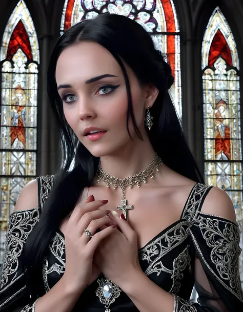 In a captivating black and white photograph, the subject P1P3RP is gracefully posed against an antique, stained-glass window in a Gothic cathedral. With her raven-black hair cascading down her shoulders, she wears an intricately designed medieval gown ador...