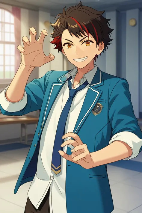 score_9, score_8_up, score_7_up, score_6_up, masterpiece, best quality, amazing quality, best aesthetic, absurdres, intricate details,
tetora nagumo, multicolored hair, black hair, yellow eyes, school uniform, rolled up jacket, blue jacket, necktie, white ...