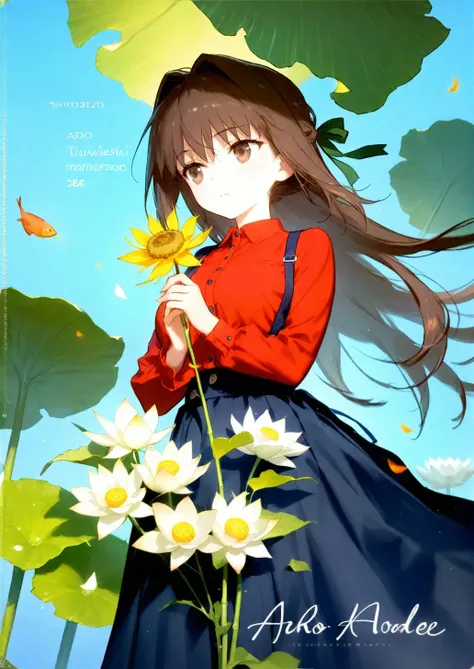 1girl, 
aozaki aoko, mahou tsukai no yoru, 
sho (sho lwlw), ask (askzy), shirosato, 
noyu, (noyu23386566:1.1), kaede , yumesaki kaede, holding, holding flower, looking away, solo, boat, long sleeves, lotus leaf, large breasts, breasts, bamboo, floating hai...