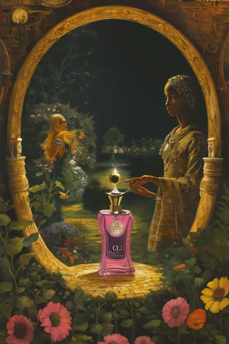 masterpiece,best quality,<lora:tbh376-:0.8>,illustration,style of Mati Klarwein, A bottle of perfume in garden