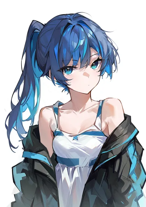 score_9, score_7_up, score_6_up BREAK 1girl, solo, eyes visible through hair, blue hair, jacket, ponytail, closed mouth, bare shoulders, off shoulder, looking at viewer, multicolored hair, bangs, sleeveless dress, white background
<lora:dinoartframeaug15-s...