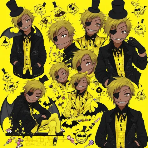 teeth, jewelry, slit pupils, candy, sitting, top hat, hands in pockets, black jacket, gloves, dark skin, bat (animal), eyepatch, heart, yellow theme, yellow background, one eye closed, brown eyes, multiple views