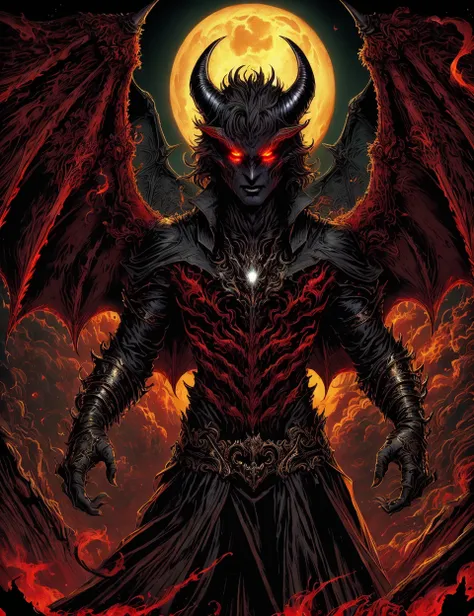 DonMC0m1cM4g1cXL, masterpiece, detailed awesome quality, incubus, malevolent male demon, humanoid appearance, attractive seductive demeanor, bat like wings,  clawed hands, hoofs, dark demonic hues, enticing, nighttime seduction, sexual nightmares,, fade,ra...