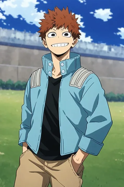 score_9, score_8_up, score_7_up,  1boy, solo, my hero academia,<lora:Kosei_Tsuburaba:0.8>, Kosei, brown hair, black eyes, grin, blue jacket, pants, standing, looking at viewer, outdoors, green field, cowboy shot, official style, official art,