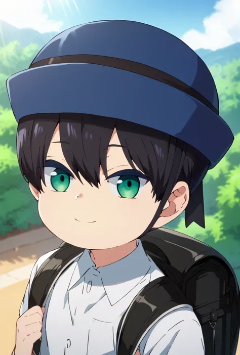 score_9,score_8_up,score_7_up,1boy,solo,light rays,Gakuto Yuzuki,black hair,green eyes,white shirt,suspenders, smile, outdoors,looking at viewer, backpack,blue headwear, sky, dynamic angle<lora:EMS-457806-EMS:1.000000>