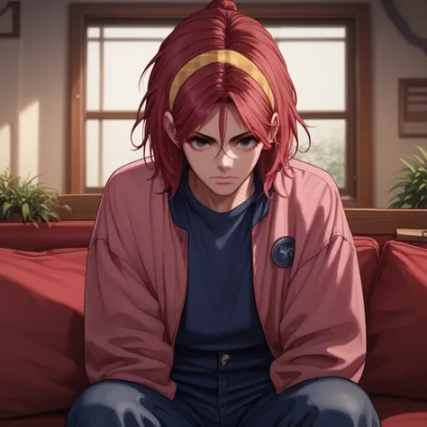 chair, from behind, hair between eyes, long sleeves, open clothes, blue overalls, looking at viewer, red jacket, armor, window, 1boy, red hair, plant, brown hair, short hair, yellow hairband, couch, upper body, medium hair, pink hair