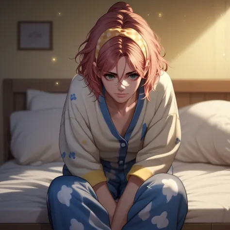 upper body, pajamas, blurry background, sunlight, table, freckles, door, yellow hairband, light particles, crossed arms, short sleeves, animal print, open jacket, bed, sitting, blue overalls, hairband, shirt, bow, armor