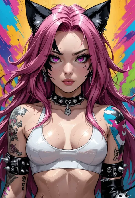 spawn_style pink hair, cat ears, pink collar, piercings, white crop top tattoos, sexy punk, long hair, colourful background
 spawn, sketch, paint , masterpiece, hyperrealistic, ultra detailed,
cute style,