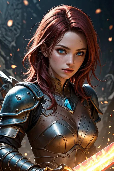 Fantasy warrior woman with red hair, blue eyes, holding a big sword, adorned with rusted gold and cyan gems, wearing armor rusted silver matte metal, close view, colorful, league of legends, detailed skin, realistic <lora:General-Designadd_detail:0.7>