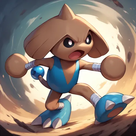 score_9, score_8_up, score_7_up, score_6_up, hitmontop, pokemon (creature), wrist wrap, ankle wrap, black sclera, white pupils featureless hands, brown blob hands, brown blob hands, blue ball tail, tail spike, 

fighting stance,