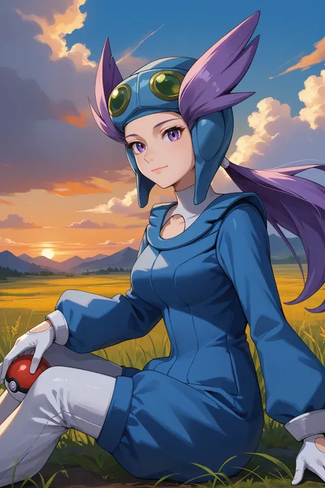 score_9, score_8_up, score_7_up, score_6_up, source_anime, 1girl, solo,  <lora:pkmnwinona-pdxl-nvwls-v1-000006:1> pmWna, purple hair, purple eyes, low ponytail, long hair, goggles on head, blue helmet, blue jumpsuit, long sleeves, clothing cutout, white pa...