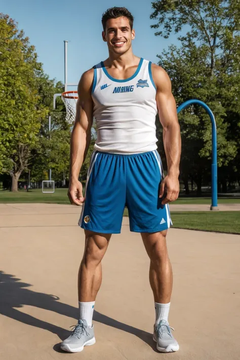 photo of a man,4nt0n,full body shot, golden hour, city park, perfect face, perfect eyes, gray concrete outdoor basketball court, pavement, slight smile, basketballplayer, (white tank top), (blue shorts), socks, blue hightop sneakers, dribbling basketball, ...