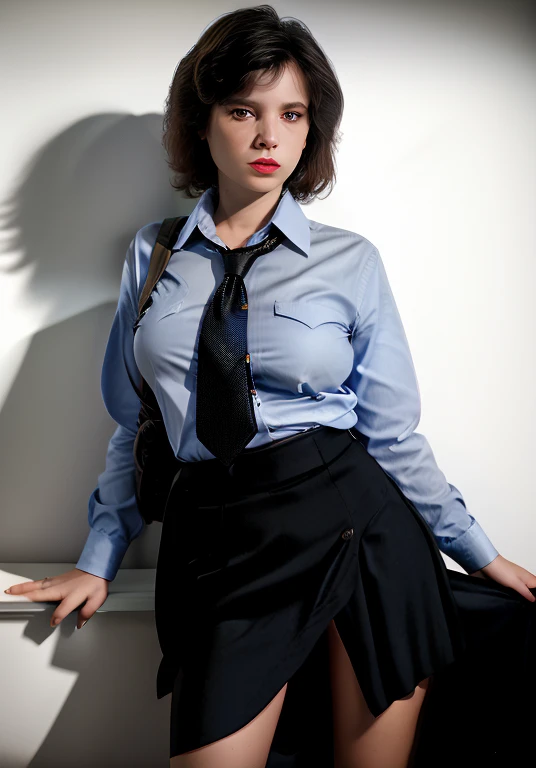 Neo-Noir Detective annaven123 woman, Blue shirt and tie,long black skirt,American Realism Style,colorful,plain white background realistic photo,looking at viewer,highly detailed,<lora:breastsizeslideroffset:-0.4>,<lora:annaventy-15:1>,