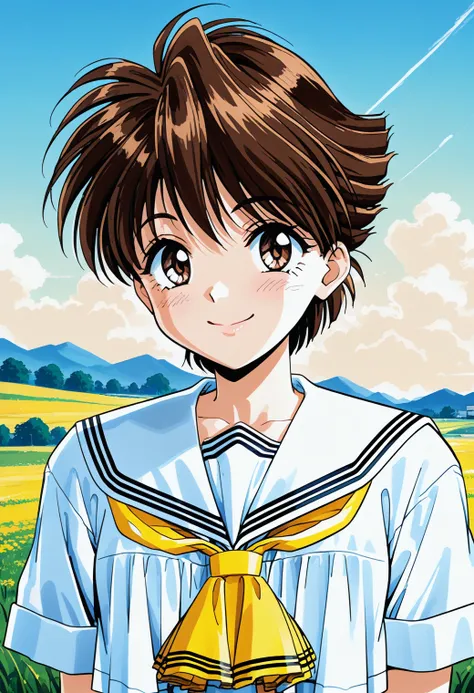 1girl, solo, (field:1.2), (sky:1.2), smile,
katou_mika, brown eyes, brown hair, short hair, school uniform, serafuku, white sailor collar, yellow neckerchief, white shirt, short sleeves, <lora:Graduation_katou_mika_pony_ver2:0.7>, score_9, score_8_up, scor...