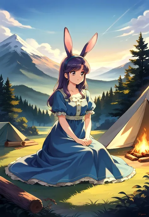 score_9, score_8_up, score_7_up,source_anime, charming woman, vintage outfit, retro camping, campfire, patting playful rabbit, sitting on grass, tent, lots of trees, cheerful expression. midnight, low light, dappled moonlight, mountainous horizon, soft lig...