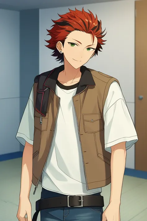 score_9, score_8_up, score_7_up, score_6_up, masterpiece, best quality, amazing quality, best aesthetic, absurdres, intricate details,
kuro kiryu, red hair, green eyes, earrings, two-tone hair, 1boy, male focus, belt, solo, phone, shirt, t-shirt, smile, ja...