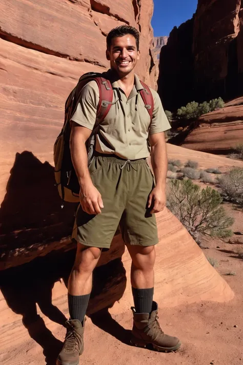 photo of a man,4nt0n, facial hair, full body shot, scenic red rock canyon in Utah, arid flora, perfect face, perfect eyes, evening shadows, smiling, wearing shirt, hiking shorts, olive green socks, brown hiking boots, wearing hiking backpack, (((full body ...