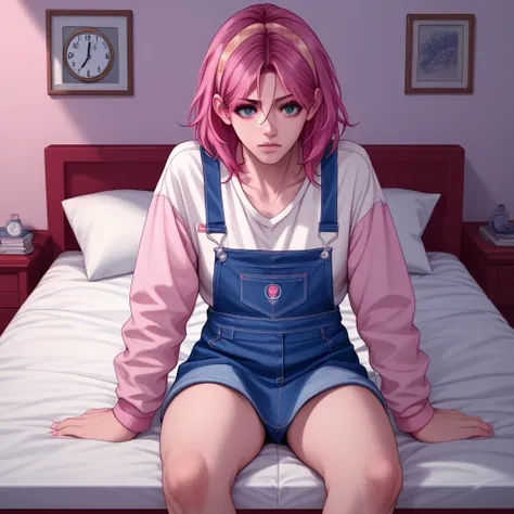 feet out of frame, underwear, blue overalls, day, clock, sitting, grey eyes, hair between eyes, signature, on bed, pink hair, artist name, denim, panties, wooden floor, red jacket, table, skirt, pleated skirt, bed