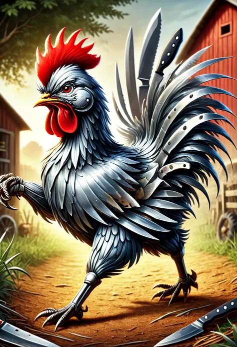 an angry chicken, running around, farm, KnifeStyle, <lora:Knife_Style_World_Morph-000019:1>