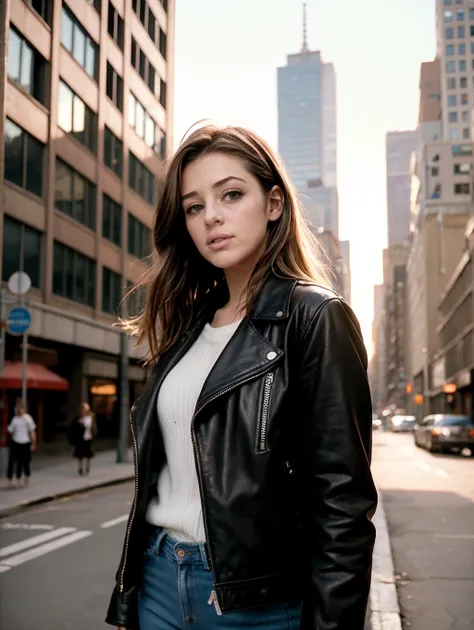 Keeley8, Street style photo of a grunge style woman in the streets of 1990 Manhattan standing in front of a sliver high rise building, leather jacket, Carly Norris, Sliver movie, natural lighting, shot on Agfa Vista 200, bokeh, f.1.8