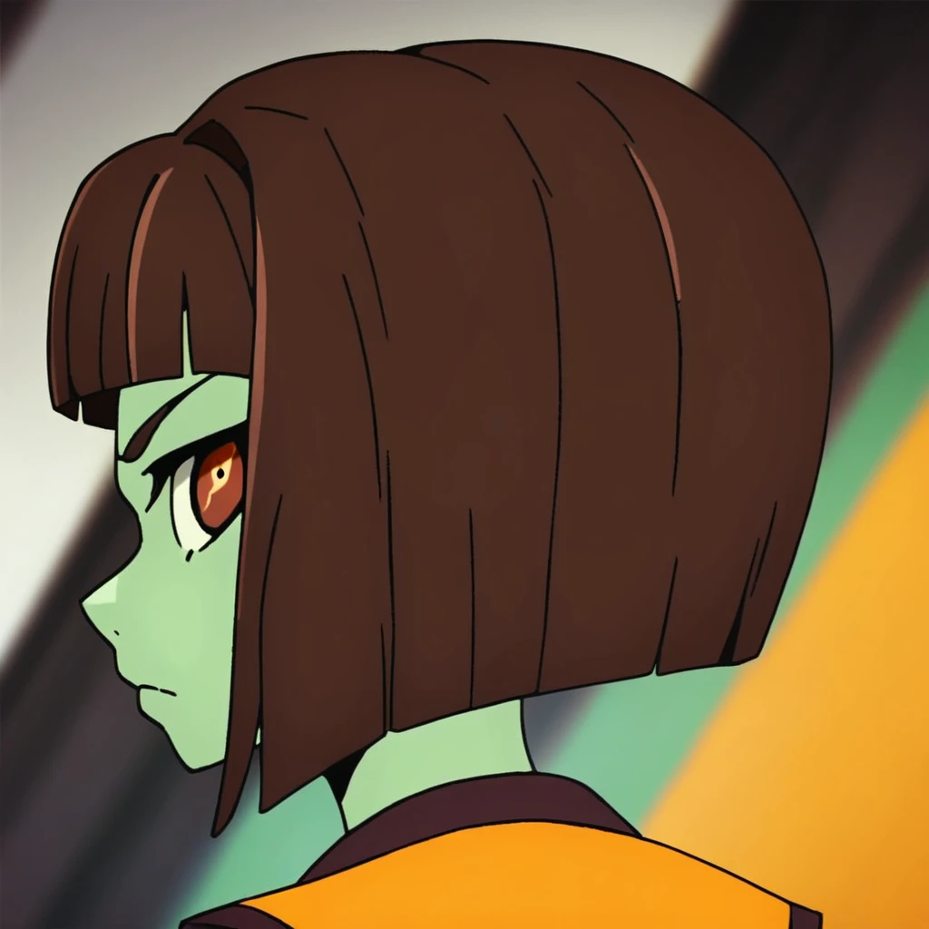 score_9, score_8, score_7, source_anime, anak zahard, green skin, solo, 1girl, colored skin, brown hair, short hair, bob cut, looking back, bang, red eyess, looking at viewer, lizard girl