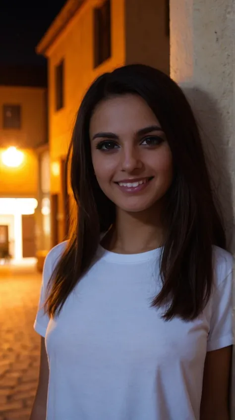 portrait photo, 18yo arabian girl, perfect face, posing, soft lit, seductive smirk, highly detailed, (freckles:0.3), (background town), (snub nose), shirt