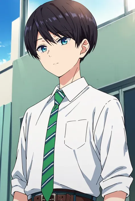 Source_anime,score_9,score_8_up,score_7_up,1boy,solo,Mikoto Yuzuki,black hair,blue eyes,school uniform, white shirt,green necktie,striped necktie, Belt, pants,upper body, light rays,dynamic angle,outdoors, close-up, looking_at_viewer, school, indoors, wind...