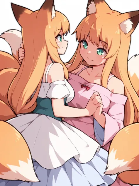 <lora:Shirogane-1024px-PonyXL-v1.1:0.9>
score_5_up,score_6_up,score_7_up,
2girls, size difference, wearing dress, bare_shoulders, fox ears, long hair, multiple tails, smile