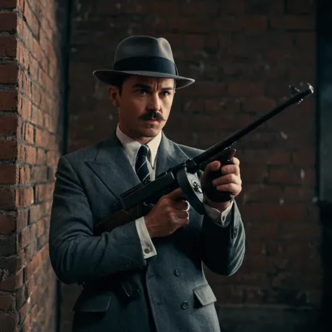 UHD, 4k, ultra detailed, cinematic, a photograph of  <lora:1921A Thompson submachine gunv5:1>
1921A submachine gun a man in a hat and a suit shooting a gun, sharp, detailed, cinematic, perfect hand holding gun, perfect hand holding weapon, detailed gun, de...