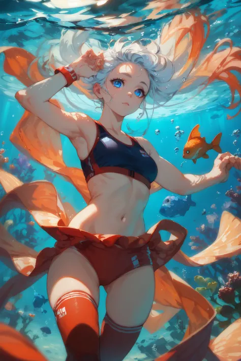 PDXL, 1girl, cute face, detailed eyes, 
short orange glowing hair,
 blue eyes, ,
red sports bra, red panties, red thighhighs, 
underwater