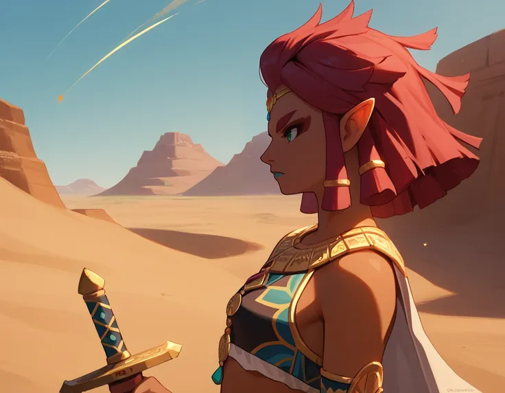 <lora:Riju:1>, riju (zelda), gerudo, solo, 1girl, holding a sword, serious, looking away, desert, side view, score_9, score_8_up, score_7_up, source_anime,